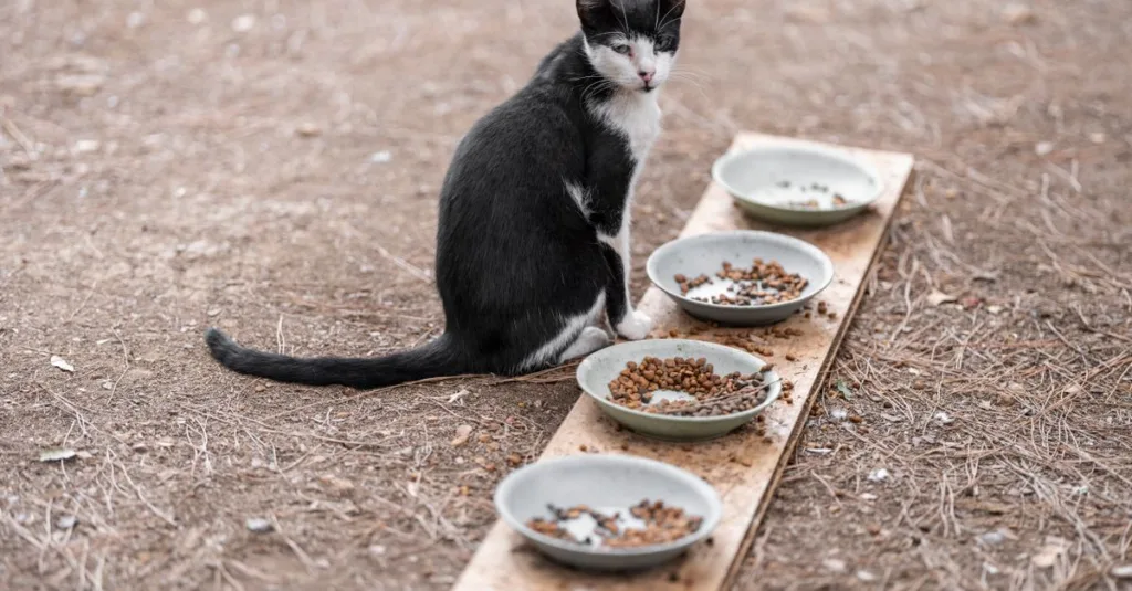 chat renversant sa gamelle de nourriture, une scène amusante et courante chez les animaux domestiques.